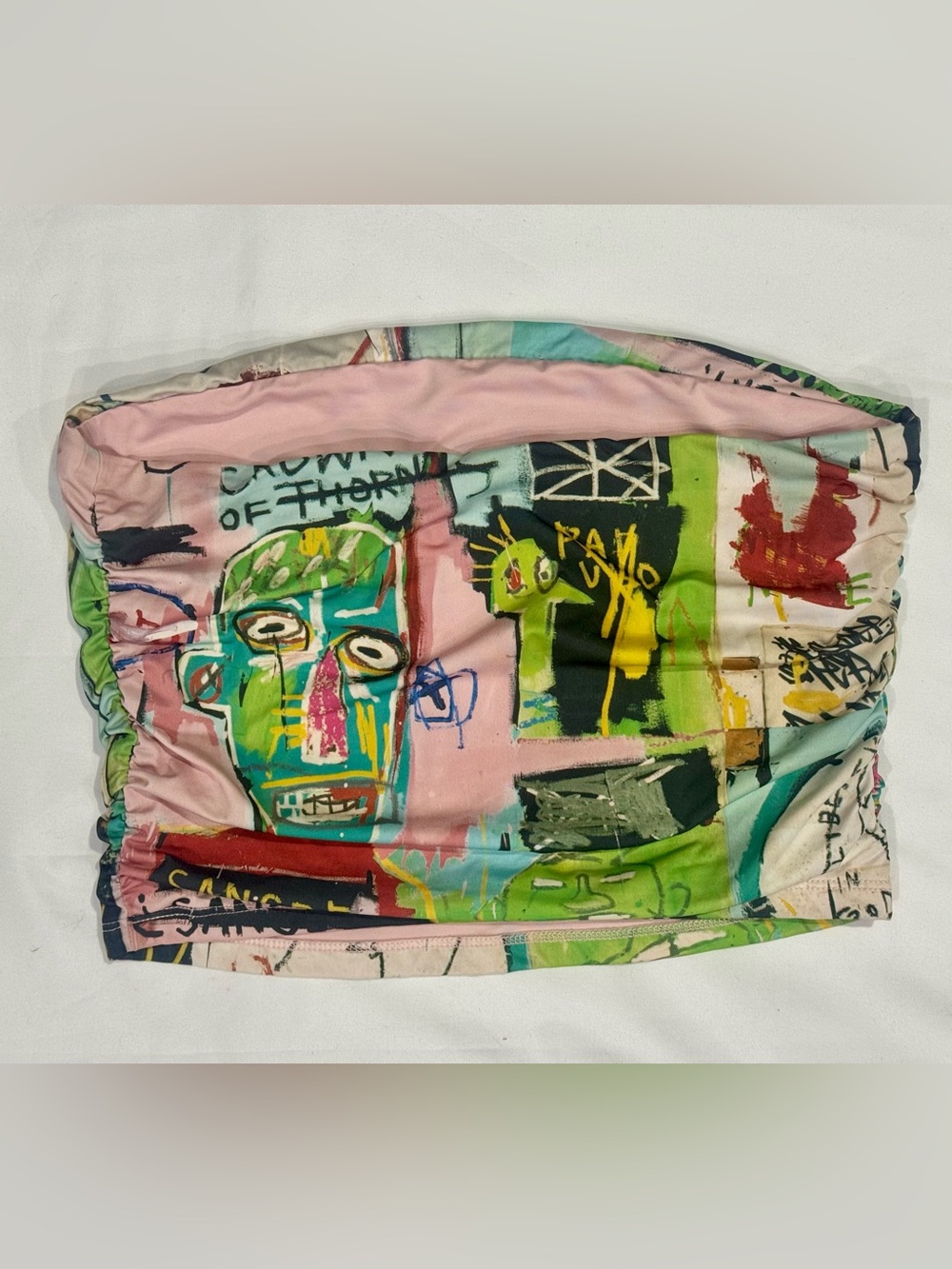 Bershka Jean-Michel Basquiat Art Print Ruched Tube Top Strapless Crop Small S - Picture 2 of 3